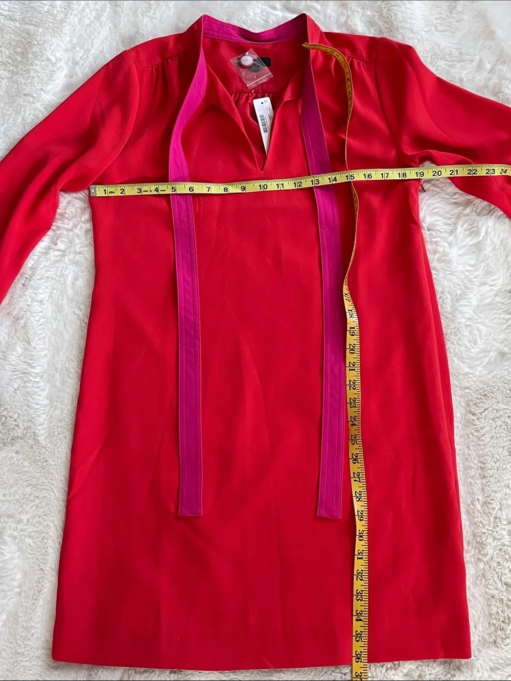 J. Crew Red Long-Sleeve Tie-Neck Shift Dress with Pink Ties